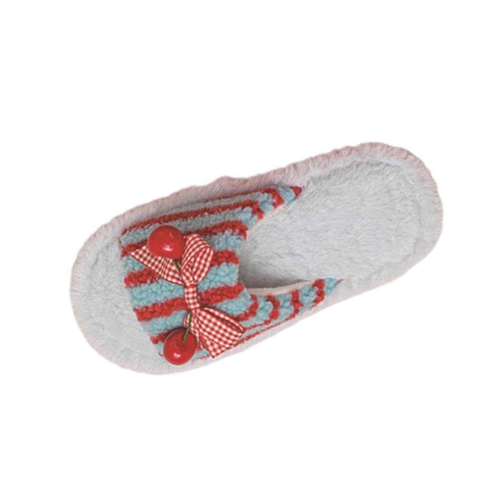 Cute Cherry Bow Slippers for Women Indoor Cozy Soft Fuzzy House Slipper Winter Warm Plush Home Bedroom Shoes