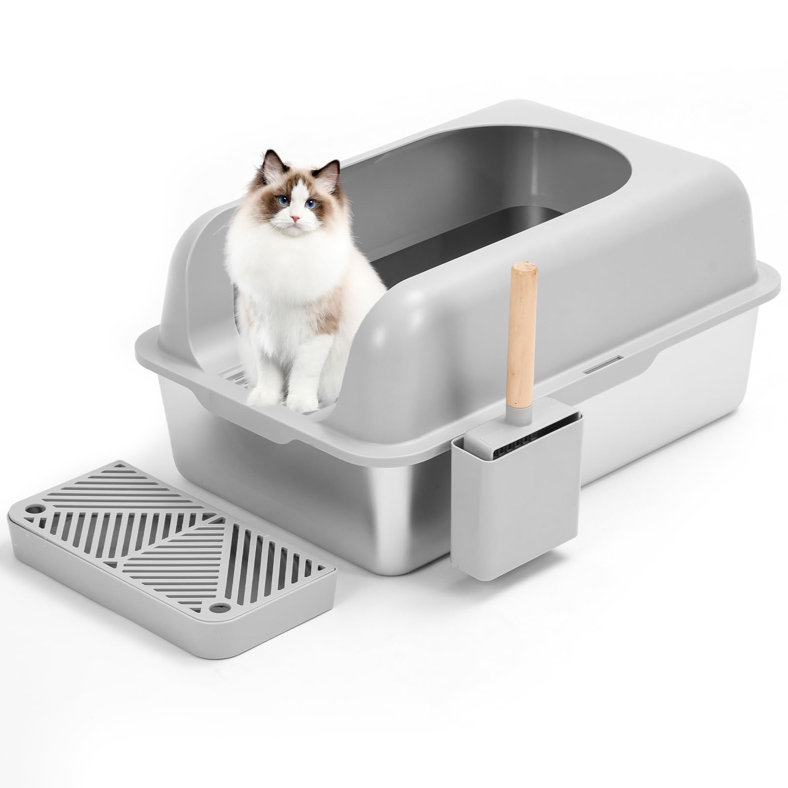 Stainless Steel Cat Litter Box,XL Cat Litter Box for Big Cats,Semi-Enclosed,High Wall Side Shell, Not Easy to Stick, Easy to Clean