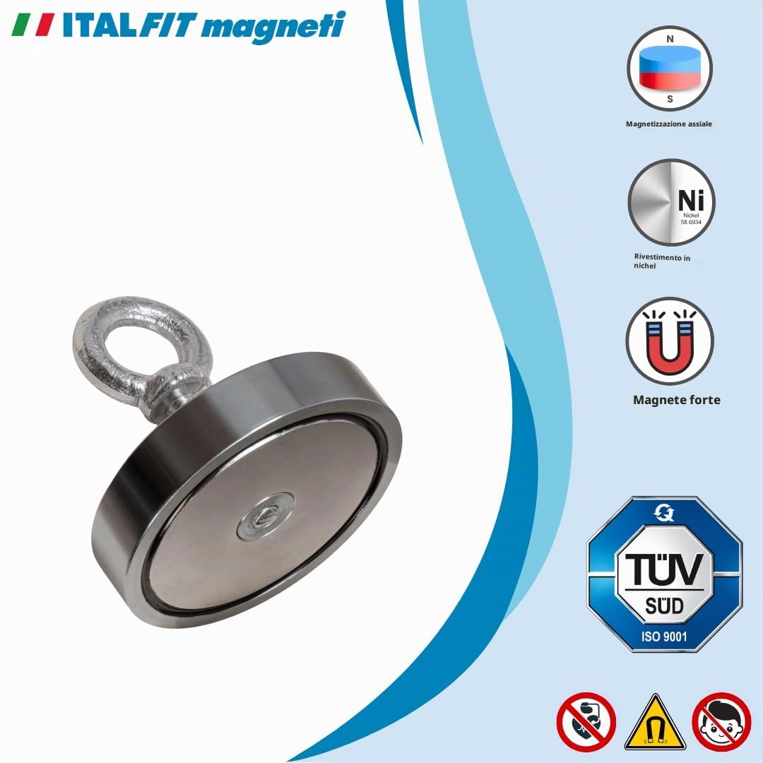 ITALFIT MAGNETI Set Magnet fishing - Diametro 97mm, Spessore 20mm, Foro M10 - Magnete Potente per pesca magnetica - Calamita potente e Corda 20m Inclusa - Forza 480 KG Ideale per Magnetfishing