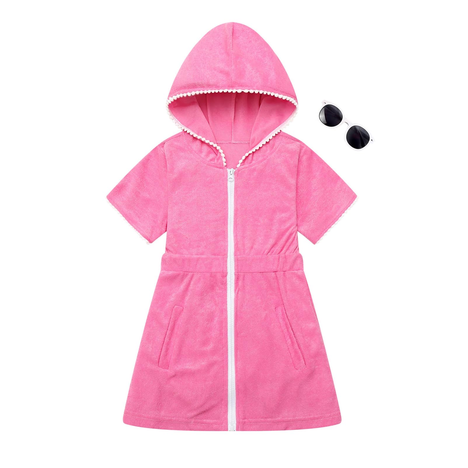 Girls Swim Cover Up Kids Beach Swimsuit Coverup Terry Zip-Up Bathing Suit Beach Pool Clothes with Sunglasses