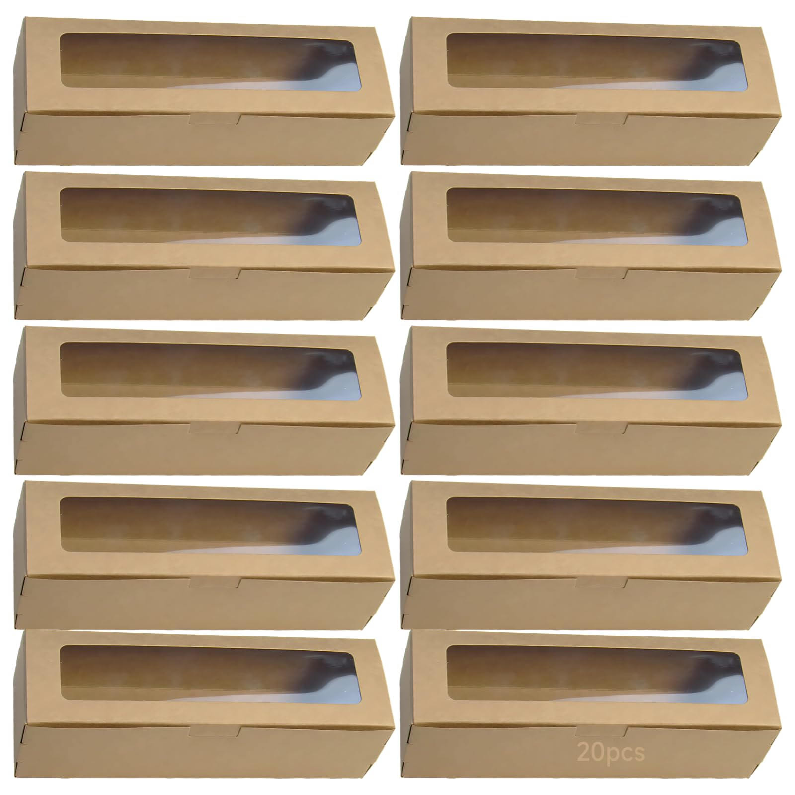 Packool Kraft Paper Macarons Box with Clear Window, Small Macaron Gift Box, 7.3 x 2.2 x 2 in / 18.5 x 5.5 x 5 cm Brown Kraft Macaron Gift Boxes for Dessert, Cookie, 20 Pcs Macaron Gift Boxes