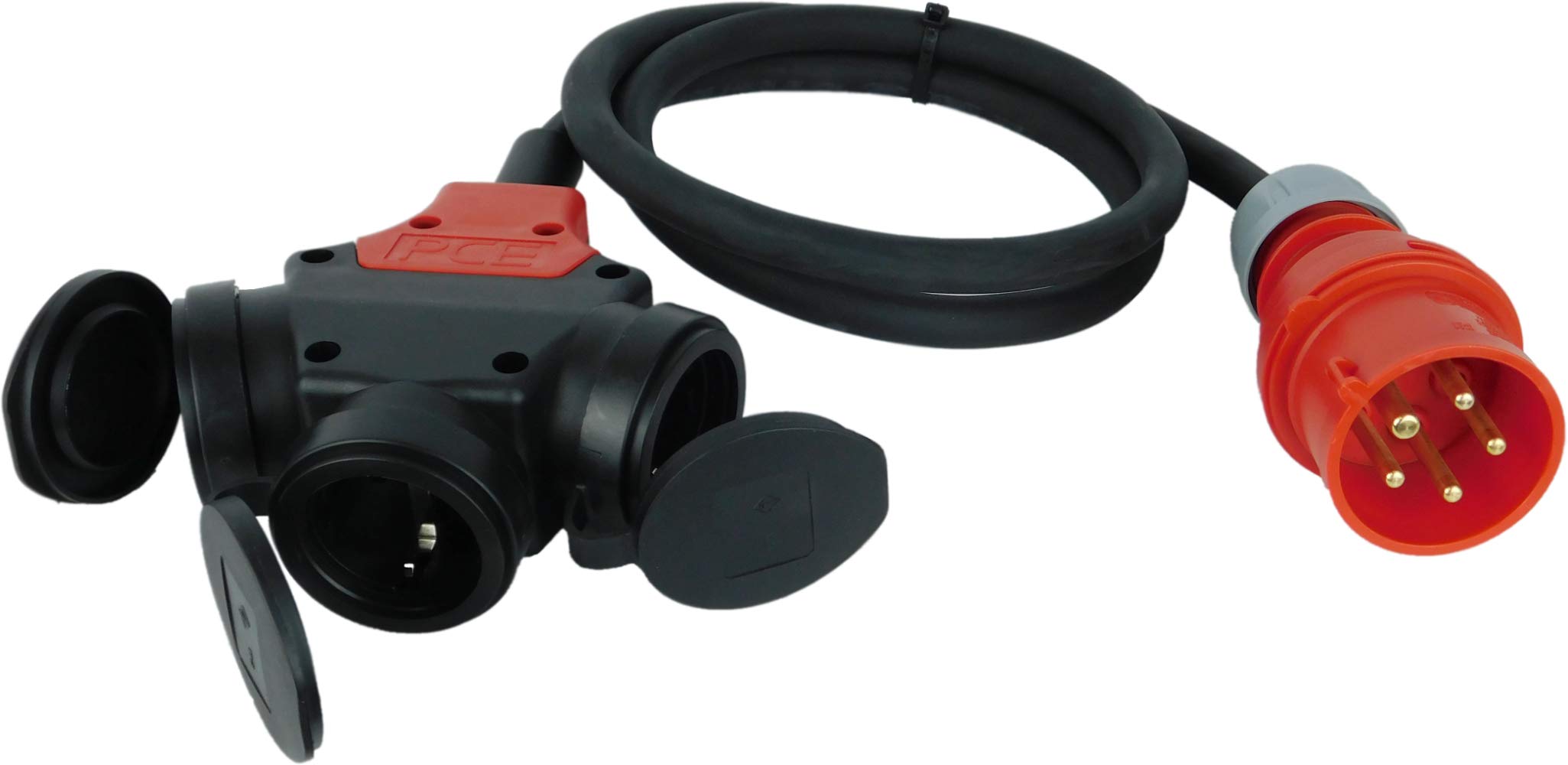 NWP Adapter 16A 400V Stecker Starkstrom auf 3x 230V Schuko Kupplung - 1,5 m - IP44-5x2,5mm² Gummischlauchleitung - CEE Stecker 5-polig auf Schuko