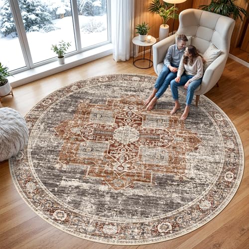 RUUGME Washable 9 ft Round Area Rug - Large Boho Rugs for Living Room Stain Resistant Carpet Vintage Tribal Rugs for Bedroom Kitchen Bathroom with Non Slip Backing Decor Floor Mat 9ft Brick