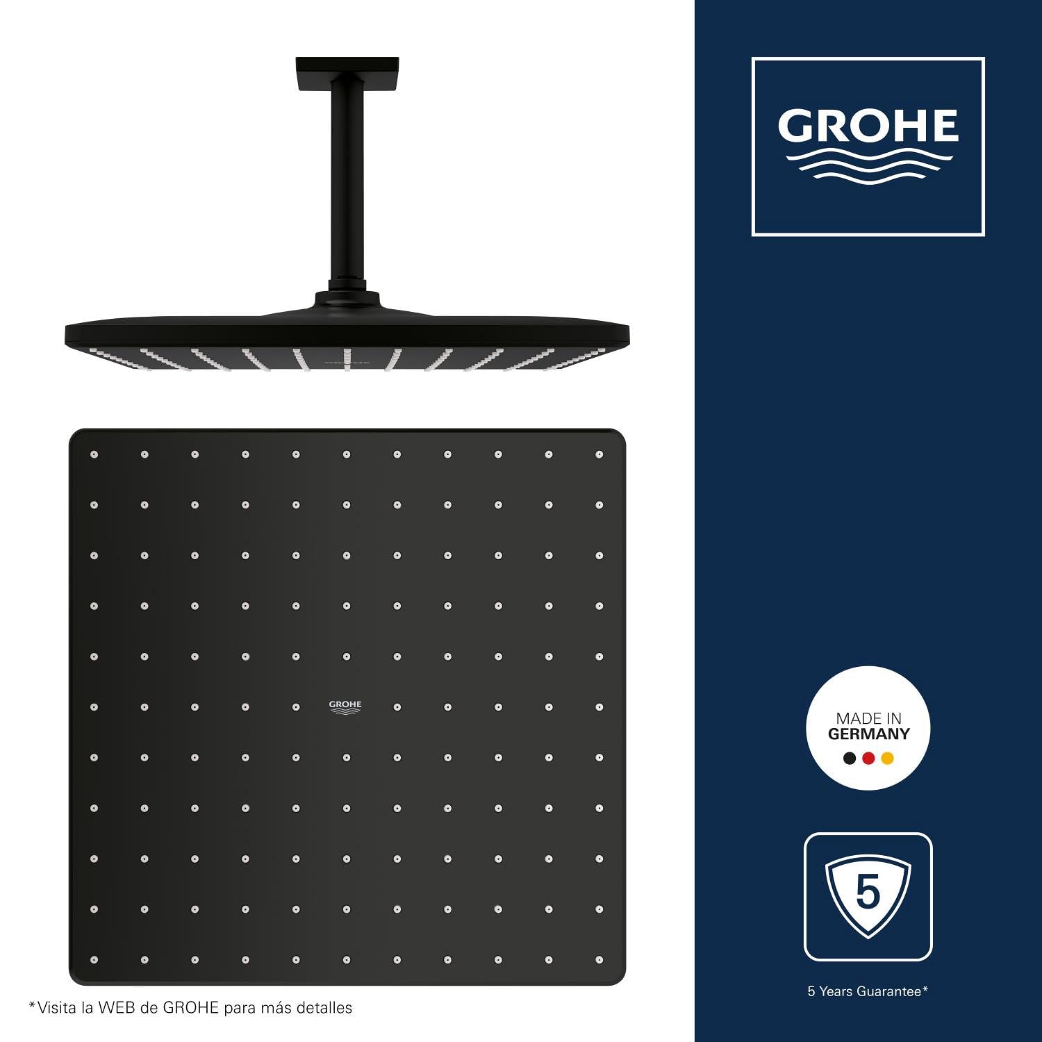 GROHE Rainshower 310 Mono Cube - Conjunto de ducha de techo (Cabezal 310mm, brazo 142mm, chorro PureRain, ahorro de agua), forma cuadrada, Phantom Black (negro mate), 26566KF0