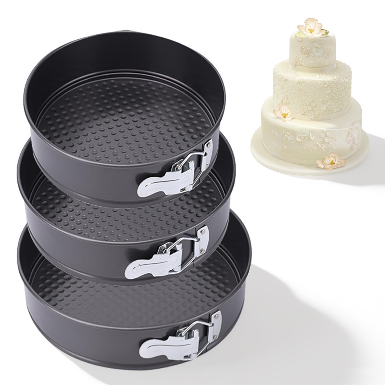 3 Stück Rund Springform, 20/22/24 CM Kuchenform, Abnehmbarer Antihaftboden Springformen, Kohlenstoffstahl Backformen Geeignet zum Backen Aller Arten von Kuchen und Broten