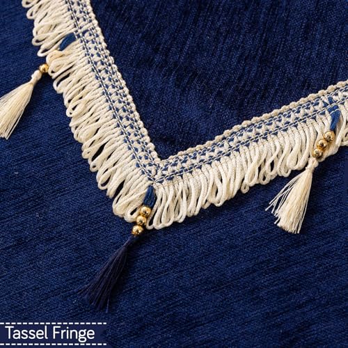 Image of HOKIPO 'Serenity Tassel' Chenille Sofa Arm Cover with Tassels - 1 Pair | Sapphire Navy (IN-893-NBL*2)