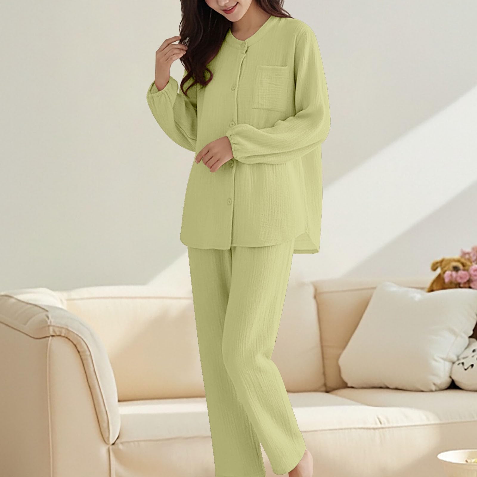 Ensemble de pyjama long en mousseline plissée pour femme | Ensemble de pyjama 2 pièces uni, combinaison avec poches, chemisier à manches longues, boutons et pantalon long ample