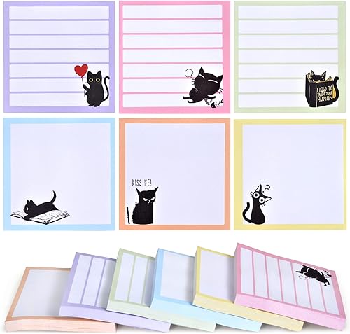 Miniatura 1 de Notas adhesivas de 3 x 3, lindas notas autoadhesivas, paquete de 6 divertidos blocs de notas de gato negro para regalo amante de los gatos,