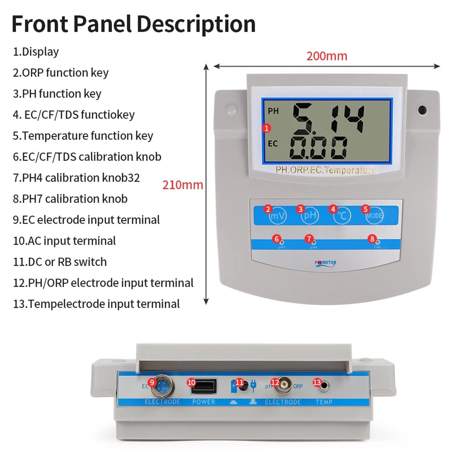 Tester di qualità acqua 6 in 1 digitale PH ORP TDS EC CF Temp Monitor da banco for piscina acquario laboratorio,Multifunzionale