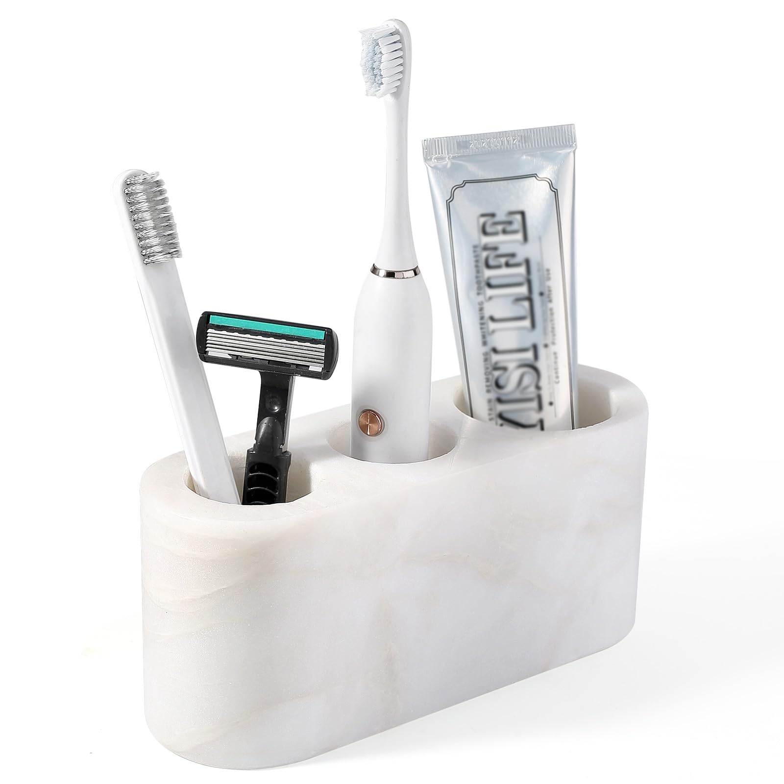 Photo 1 of BCS Toothbrush Holder for Bathrooms, 3 Slots Marble Toothbrush Organizer, Makeup Brush Stand Toothbrush Storage Collection for Bathroom Countertop Vanity Organization - White