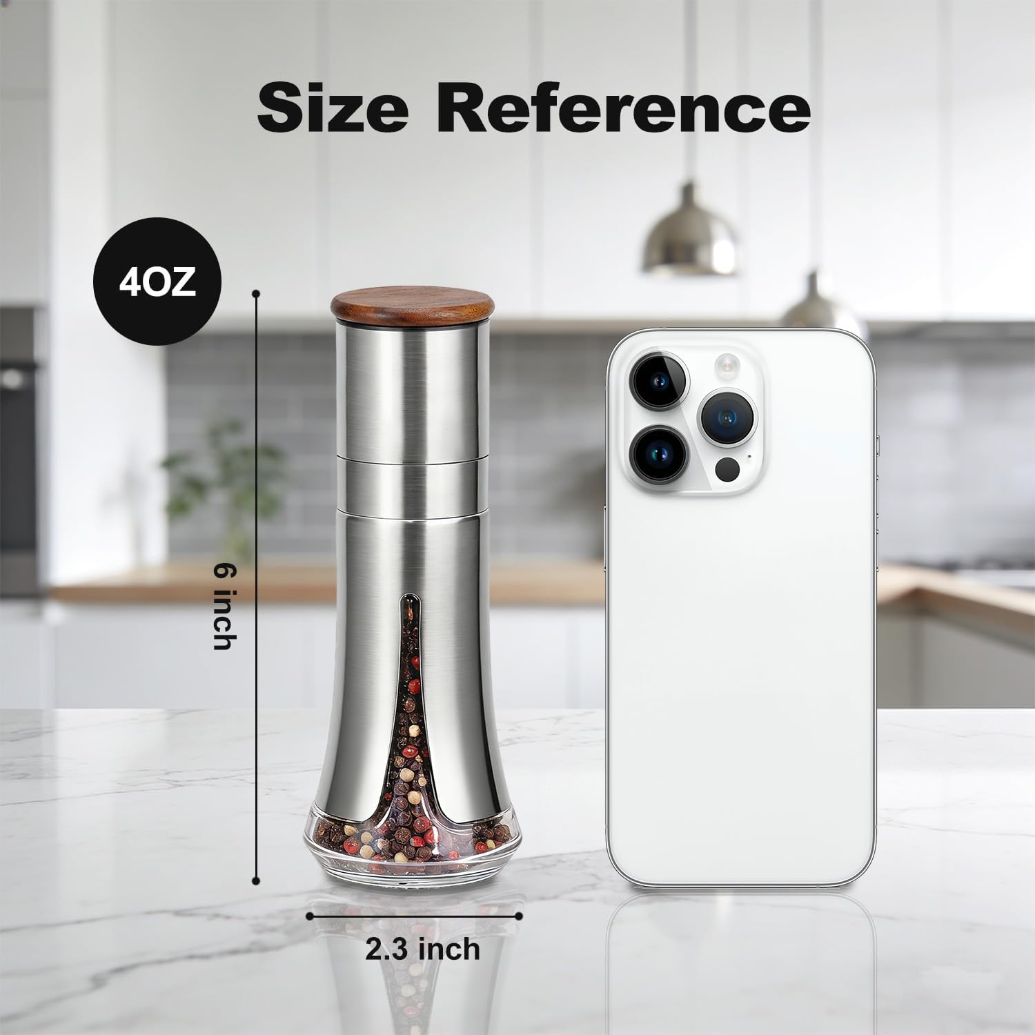 Aelga Salt and Pepper Grinder Set with Wooden Tray - 4oz Glass Manual Pepper Mill with 5-Level Adjustable Coarseness, Refillable Salt Grinder with Wood Lid, Silicone Funnel