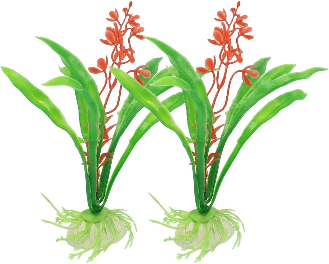 2-Piece Ceramic Base Plastic Water Plant for Fish Tank, Green/Red
