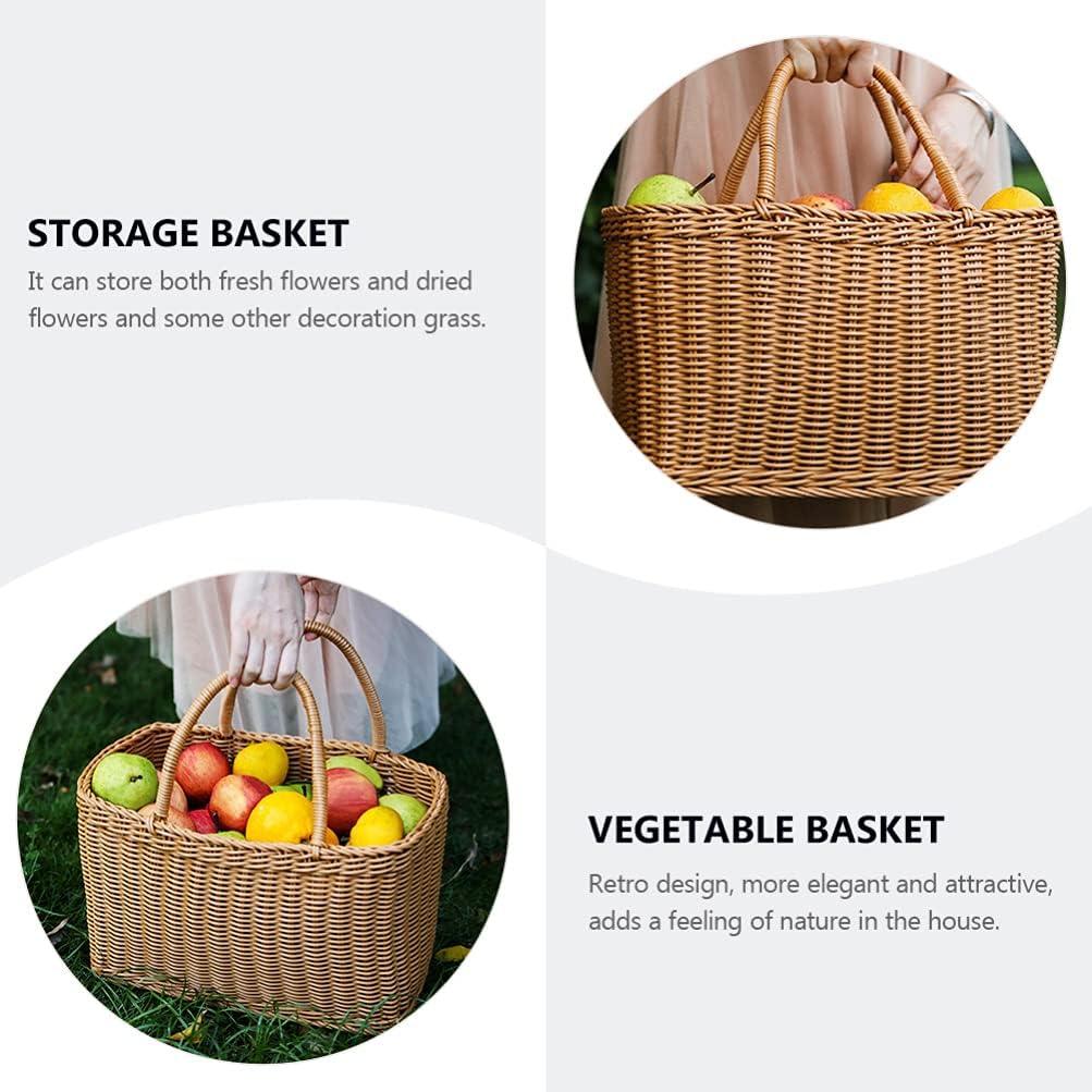 Sewroro Picnic Basket with Handles Handmade Plastic Woven Basket Multifunctional Woven Storage Basket for Shopping, Market, Grocery Basket