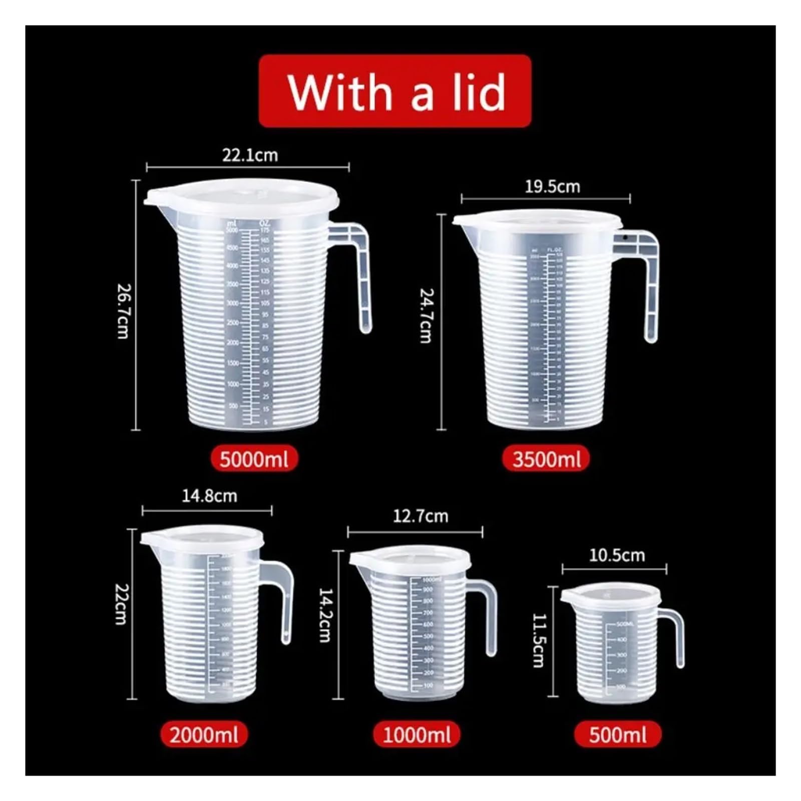 Taza medidora graduada transparente con tapa, vaso mezclador de plástico de gran capacidad for uso en cocina y laboratorio, 1 ud.(3500ml)