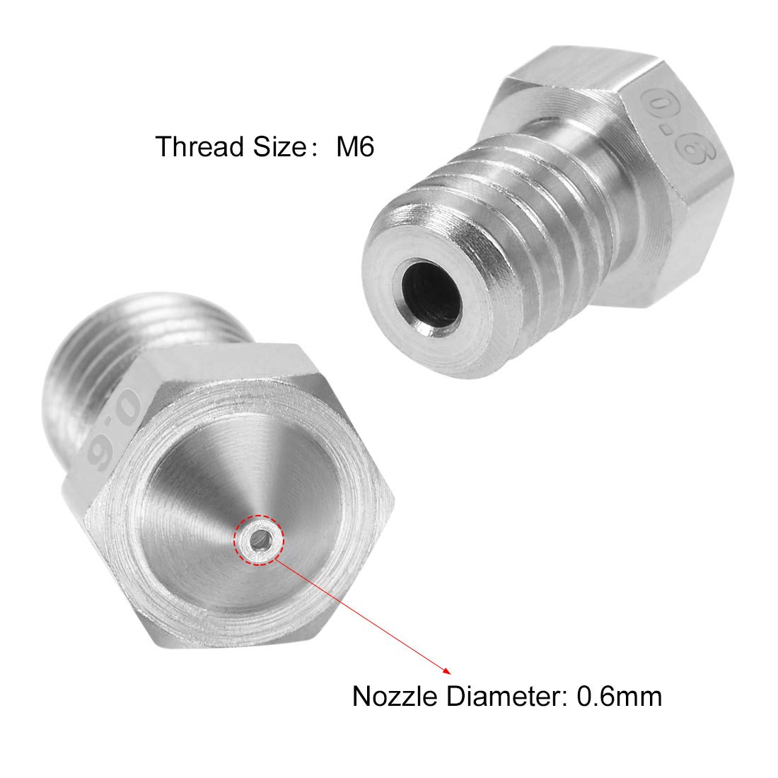 sourcing map 2 szt. V5 V6 wytłaczarka 1,75 mm dysza głowica M6 gwint stal szlachetna 0,6 mm