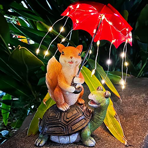 Solar Garten Ornamente Outdoor Dekorationen Statue | Eichhörnchen sitzt auf Schildkröte und hält einen Regenschirm mit Lichterkette - IP65 Wasserdicht Gartengeschenke für Rasen Hof Kunst Dekoration Cover
