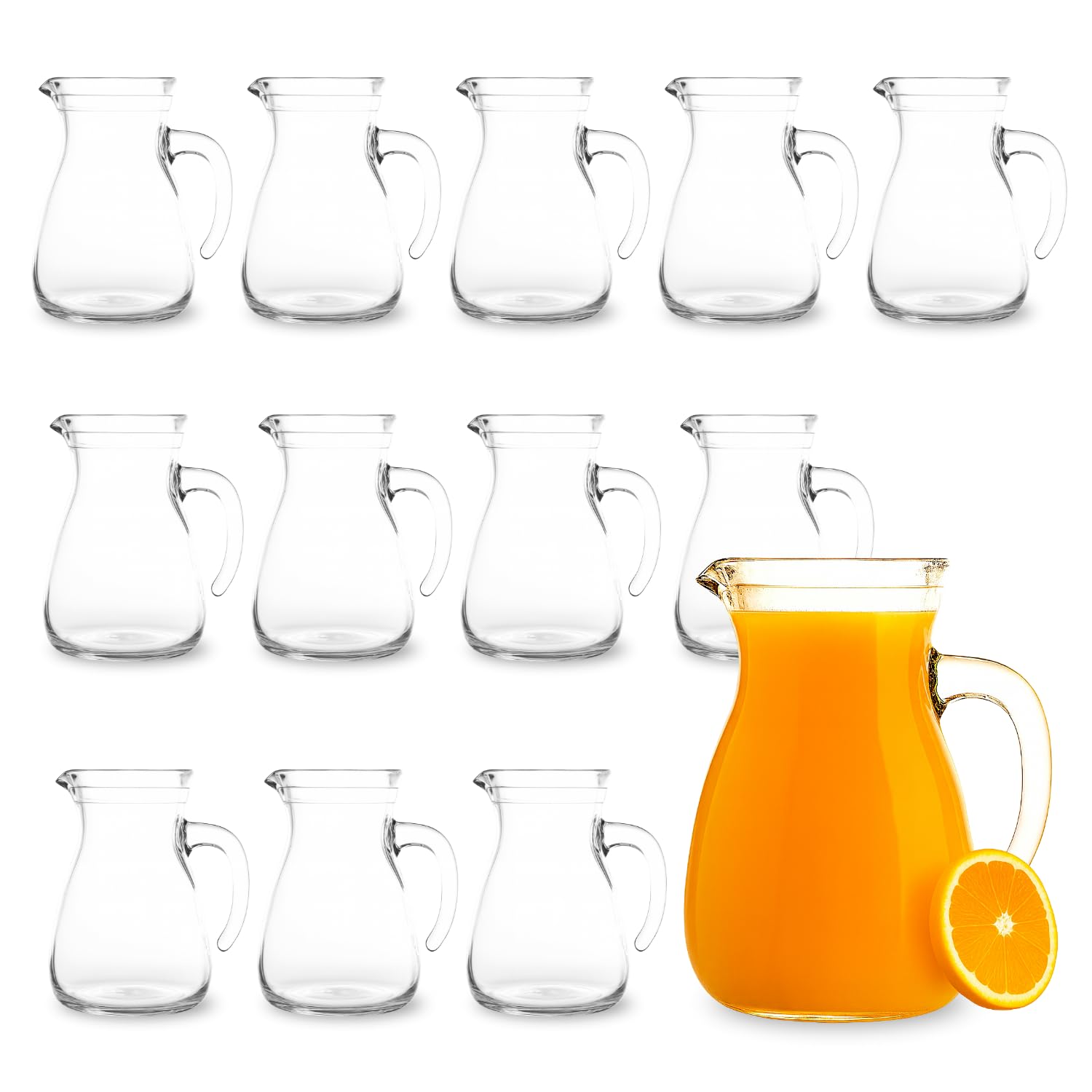 Virsus 12 Caraffe da Tavola in Vetro da 1 Litro, Misura 12x17 cm, Brocca trasparente con Manico e Beccucio Antigoccia, adatta per acqua, succo, bevande, Lavabile in lavastoviglie -8490F -9,3