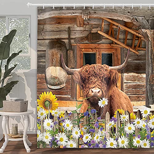 Duschvorhang mit lustigem Highland-Kuh, für Badezimmer, Westernsttiere, Rinder auf rustikaler Scheune, Holztür, Landhaus-Duschvorhang-Set, Sonnenblumen-Gänseblümchen, Stoff mit Haken, 188 x 178 cm Cover
