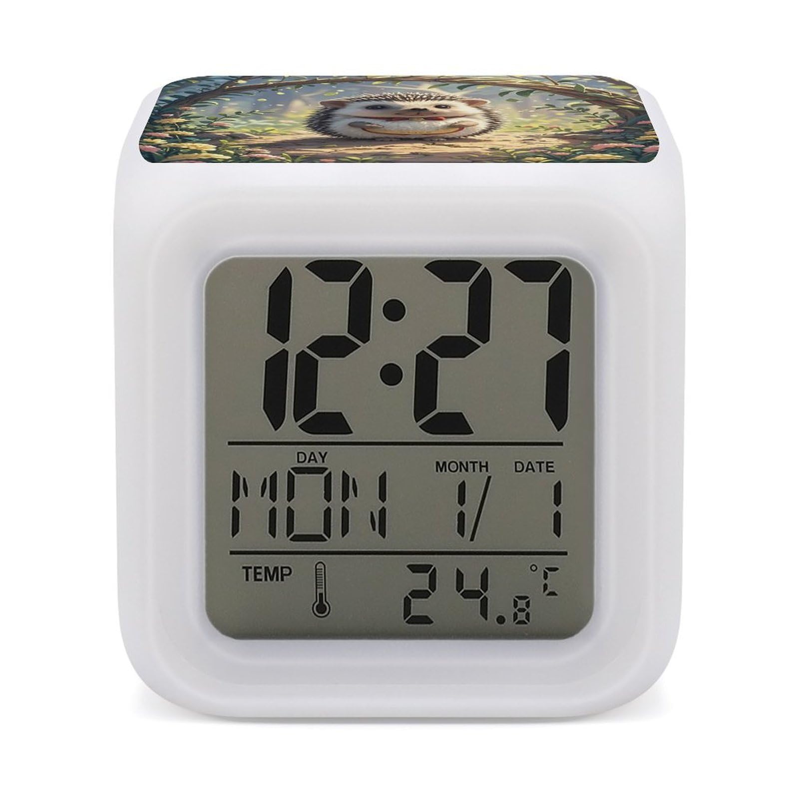 FekiLoot Lovely Hedgehog Alarm Clock for Heavy Sleepers Small Digital Alarm Clock with Date Temperature Wake Up Digital Clocks with 7 Colors Changing Desk Clocks for Bedroom Bedside Nightstand