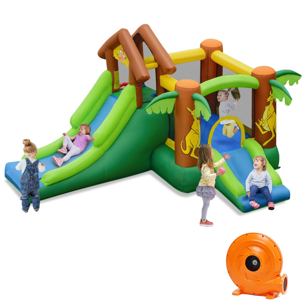 COSTWAY Inflatable Bounce House, Kids Bouncy Castle with Blower, Slide, Climbing Wall, Ocean Balls, Blow up Trampoline Jumper for Indoor Backyard Playground