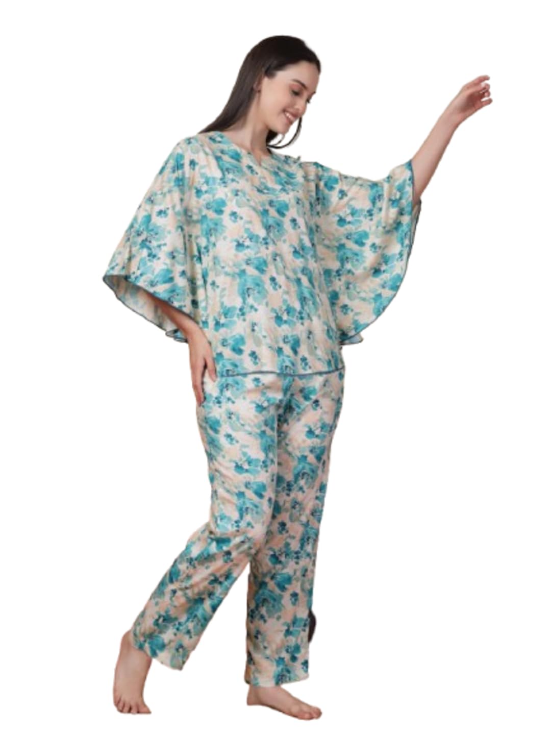Turquoise Floral Printed Rayon Women Kaftan 2 Pcs Night Suit (FLWNS-1251-Turq)-image-36