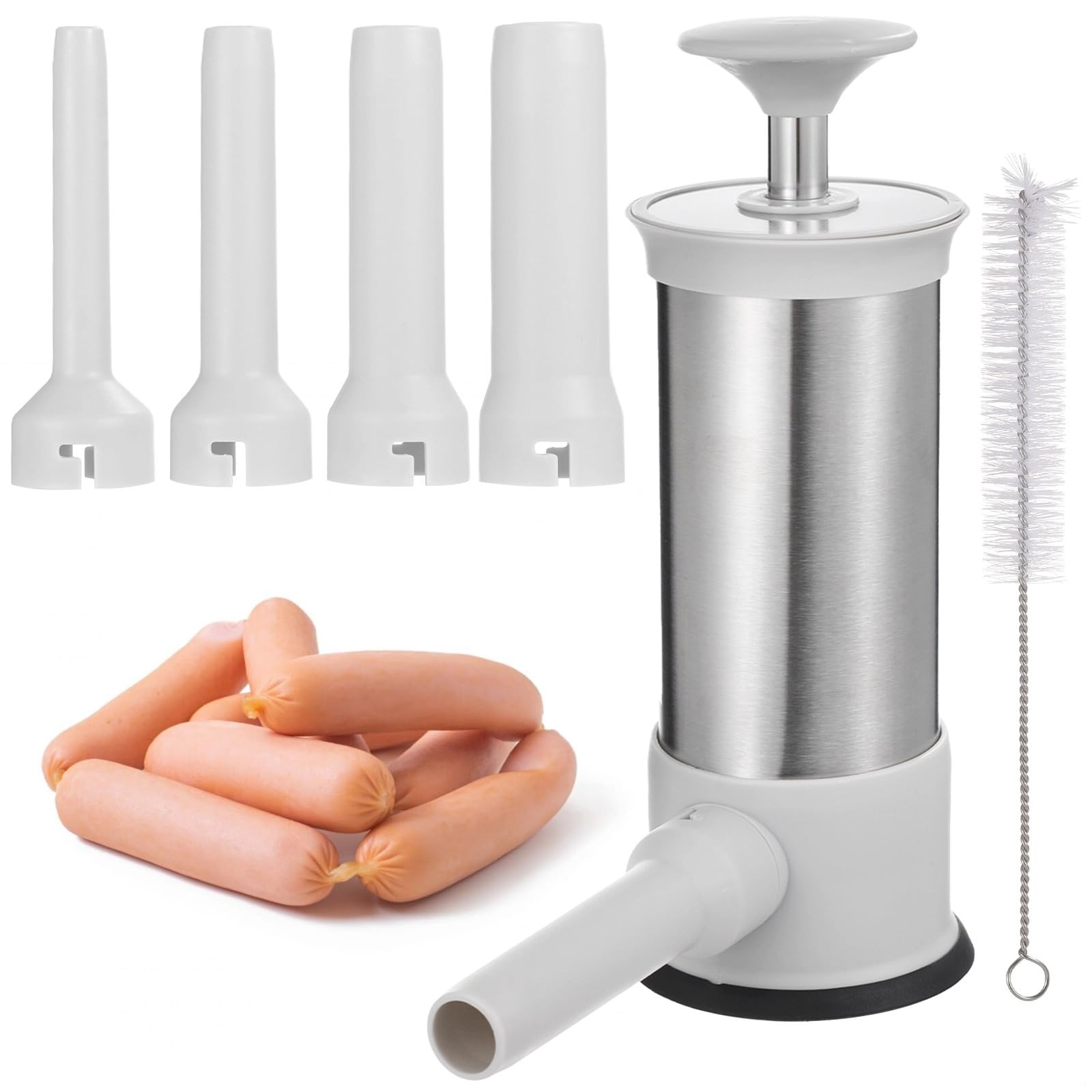 LUMINFLY Manual Stainless Steel Sausage Stuffer with 4 Tubes, 1.5 L Vertical Design, Includes Cleaning Brush for Homemade Sausages