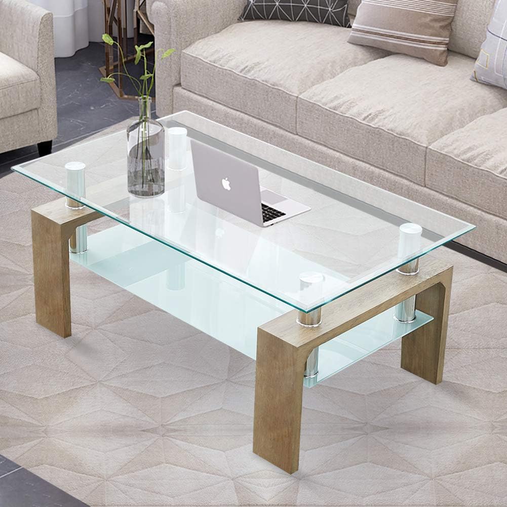 GOLDFAN Rectangle Glass Coffee Tables High Gloss Storage Side Table