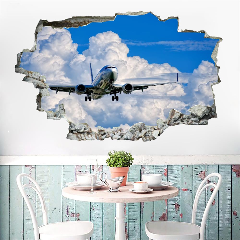 3D Smashed Wall Effect Avion Stickers Muraux Imperméables Art Amovible Blanc Nuages Et Bleu Ciel Sticker Mural pour Enfants Garçons Filles Nursery Home Chambre Décoration Murale