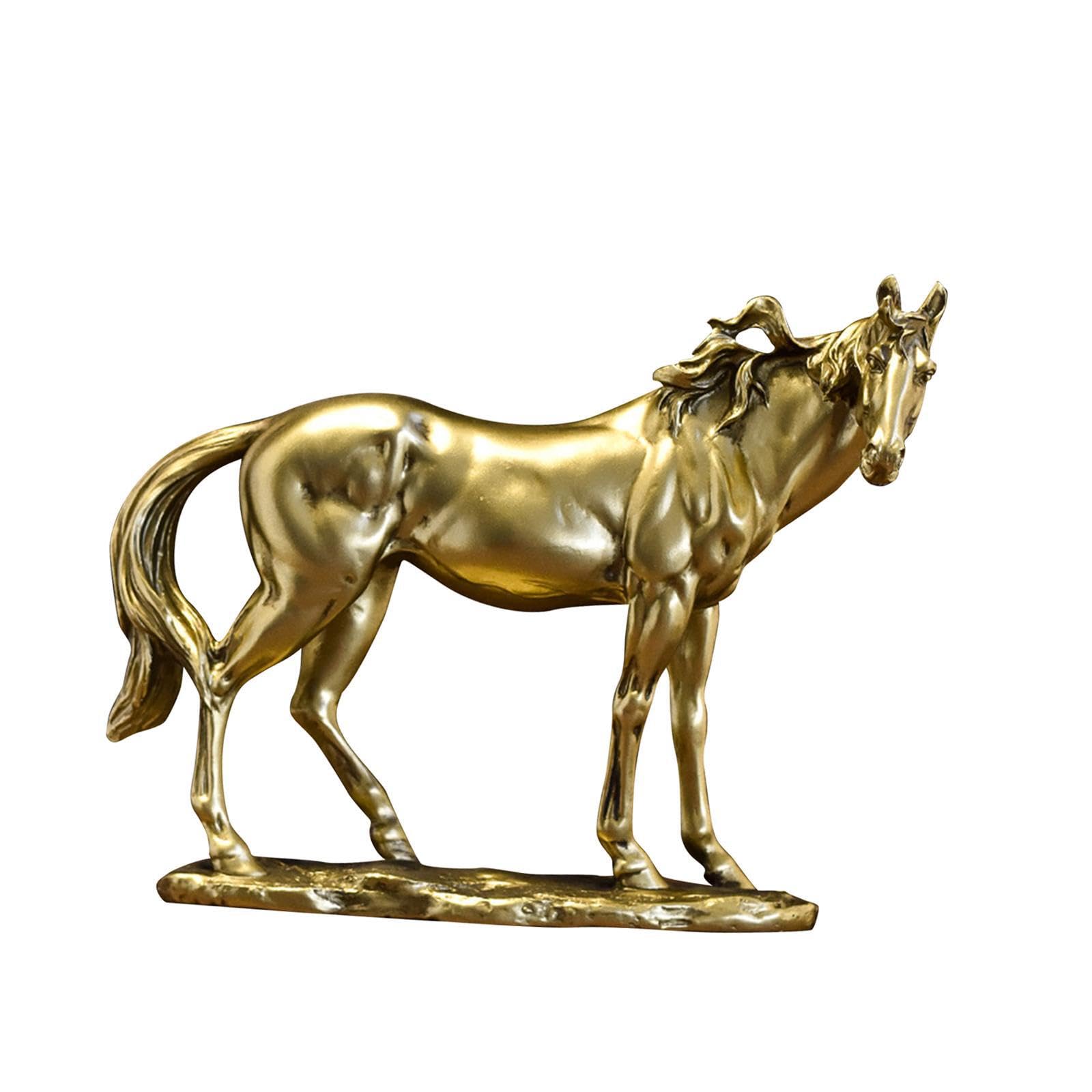 PIXZCSA Unique Animal Sculpture Shelf Horse Statue Desk Decoration Fireplace Ornament Resin Craft Home Decor Fine Workmanship Animal Sculpture Cabinet, Gold, 24.5x5.5x20cm