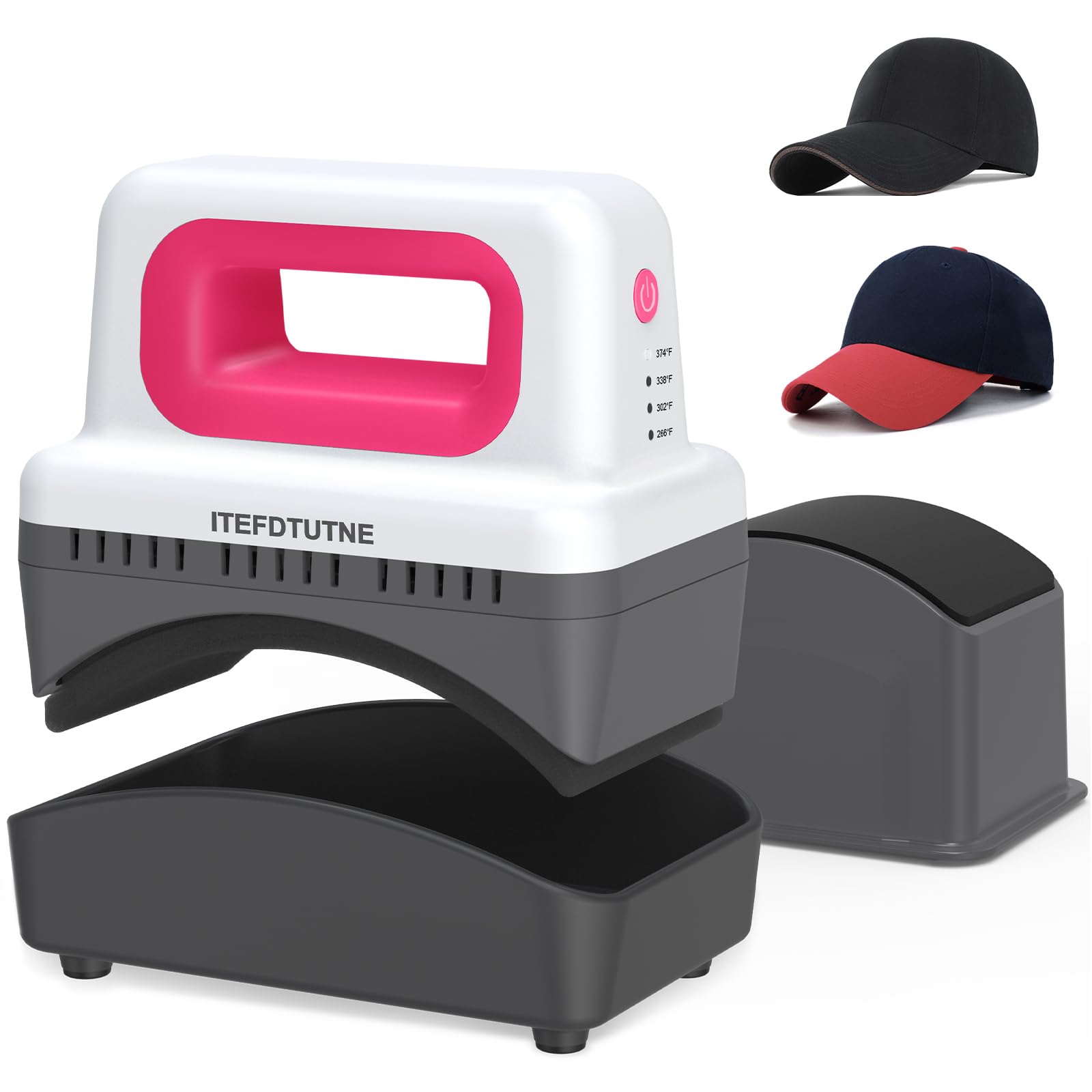 ITEFDTUTNE Hat Press Machine, Mini Hat Heat Press Machine with 4 Heating Levels & Auto-Off, Handheld Cap Easy Press with 3.5"×5.5" Curved Heat Plate, 2 Press Platens, A Safety Base, Rose Red