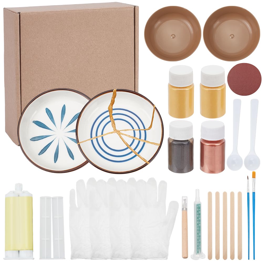 WEBEEDY 4 Farben Kintsugi Reparatur-Set 27 Stück Japanisches Gold Reparaturset für Anfänger,Lebensmittelsicherheit Reparieren Sie schnell Ihre kostbare und bedeutungsvolle Keramik Keramik Tasse Schale