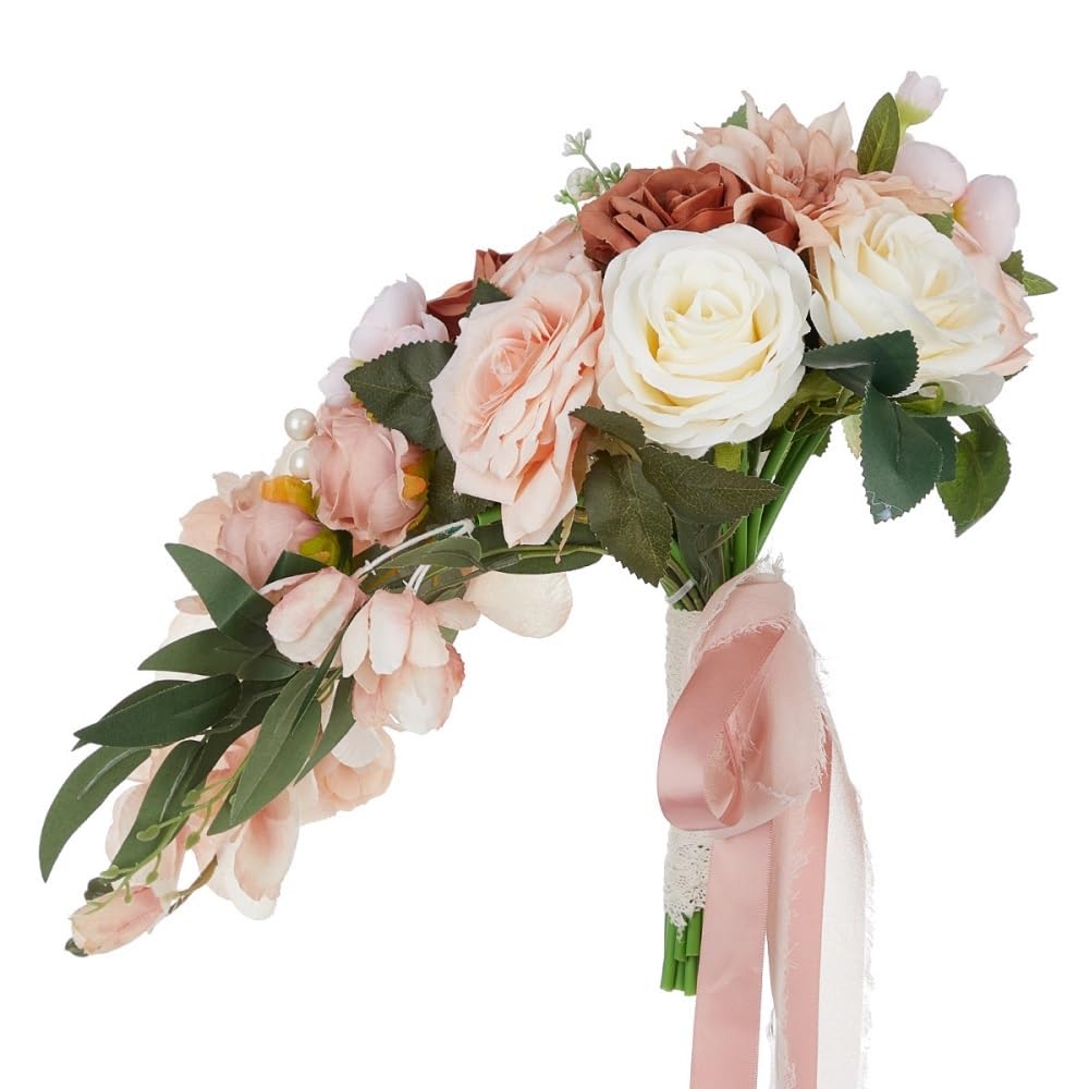 Huffa Pinkbouquet Simulation Waterfall Rose Bouquet For Wedding Bride - Elegant Bean Powder Drop Flower Arrangement