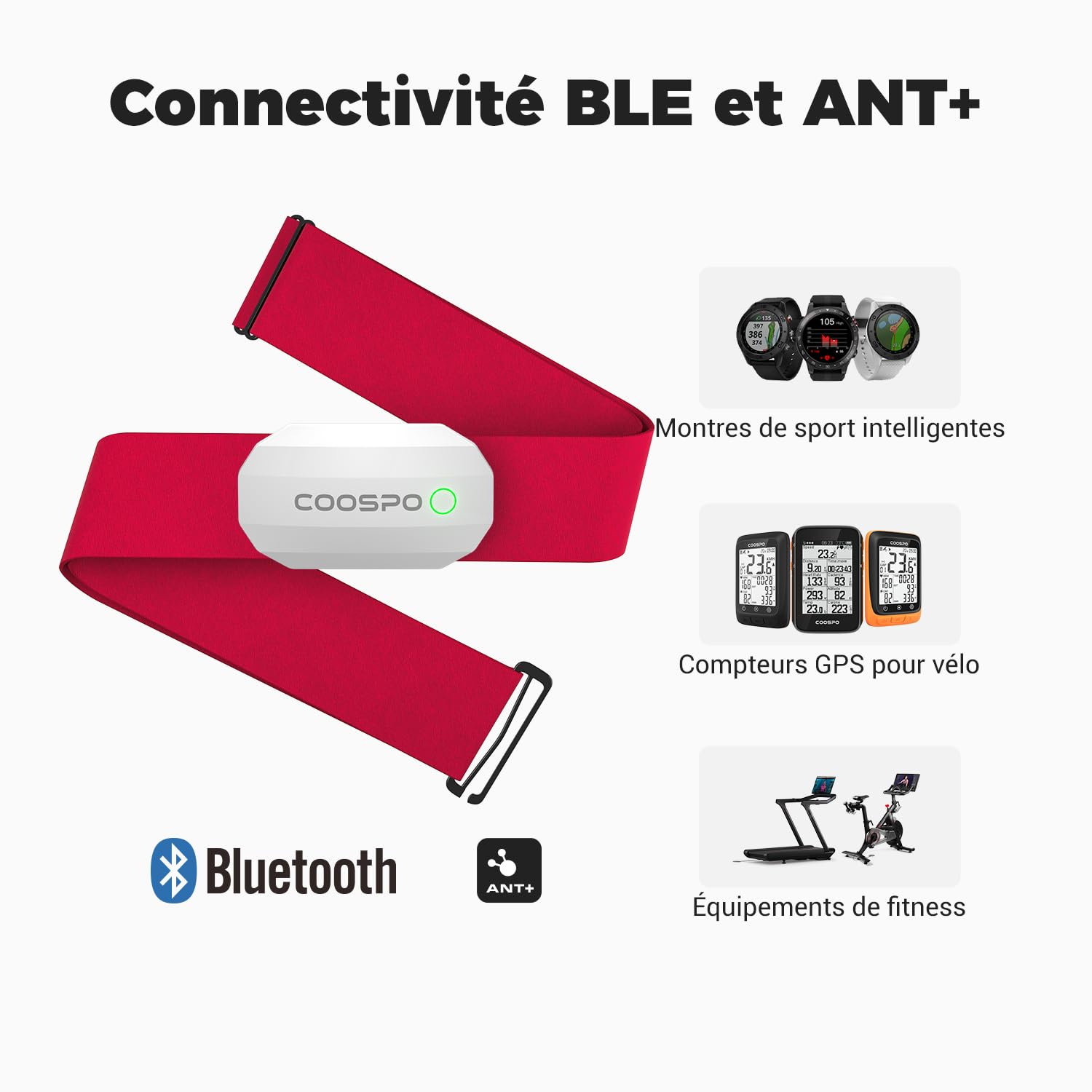 COOSPO H808S Capteur de Fréquence Cardiaque Bluetooth5.0 Ant+, Cardio Fréquencemètres ECG/EKG, Étanche IP67, Compatible avec Wahoo, Strava, adidas, Coosporide, Polar Beat, Kinomap