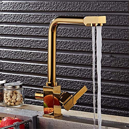 Robinet d'évier doré haut de gamme à rotation 360 et système eau pure 3 voies intégré