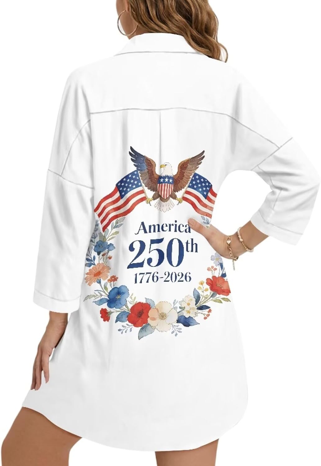 WELLFLYHOM 250 Anniversary Bikini Coverup for Women Patriotic Button Down Swimsuit Coverup Long Sleeve Bathing Suit Cover Up