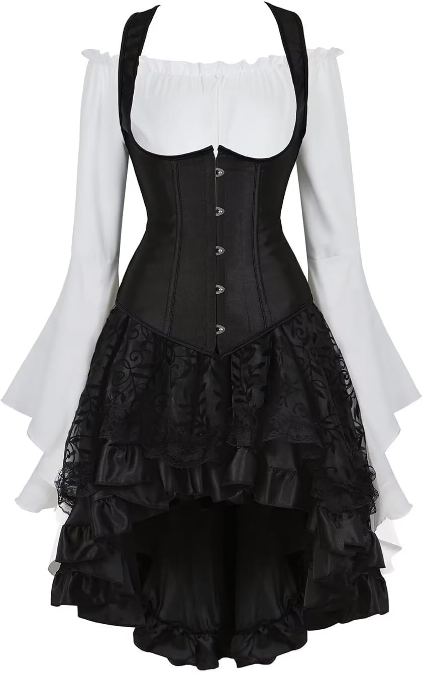 Jutrisujo Underbust Corset Dress Top with Straps Skirt with Tutu 3 Set Plus Size Vintage Lace up Gothic Black
