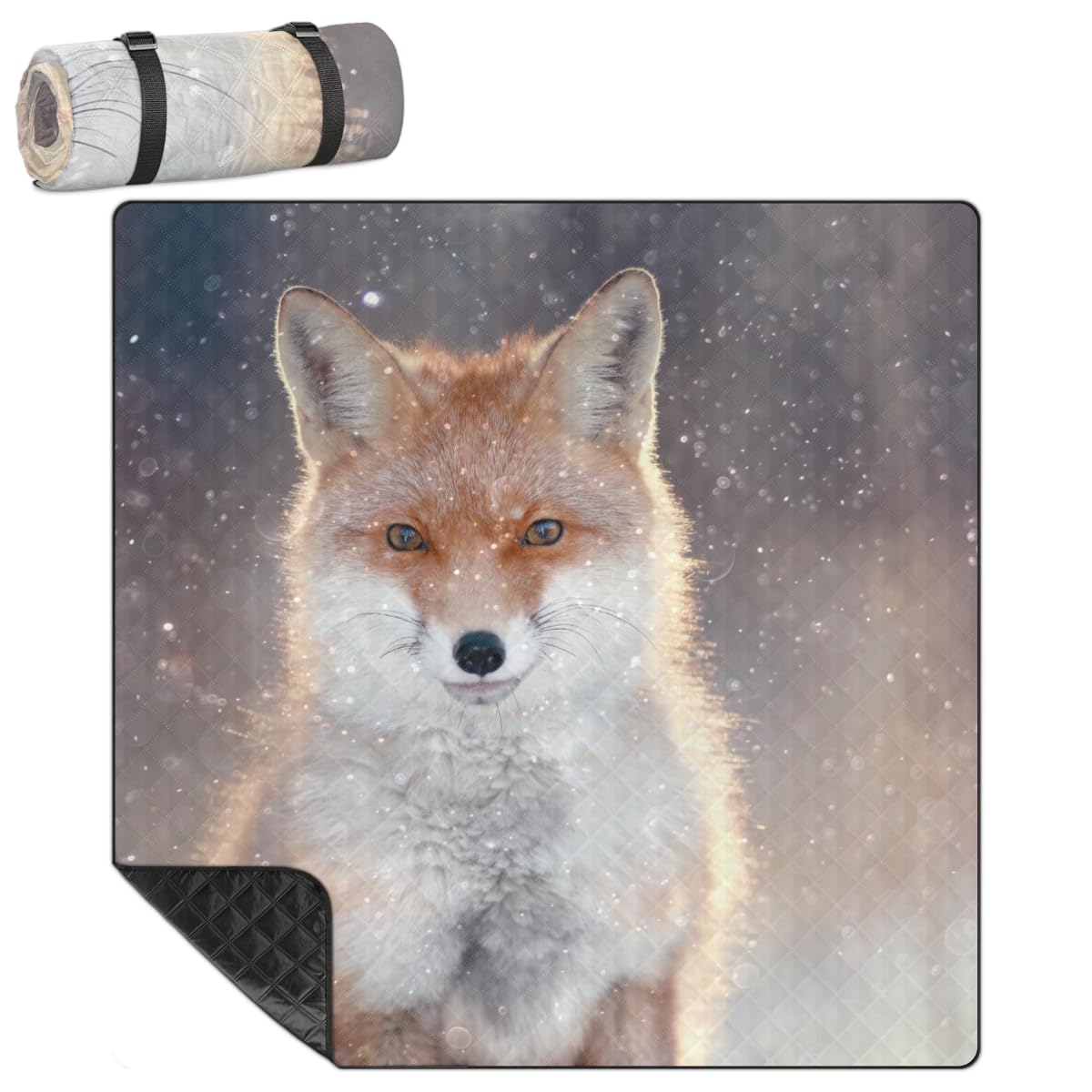 Shimoshe Extra Large Picnic Blankets 79”x 79”, Winter Fox Waterproof Foldable Picnic Mat with Straps Portable Beach Blanket for Camping Park Grass Beach Indoor