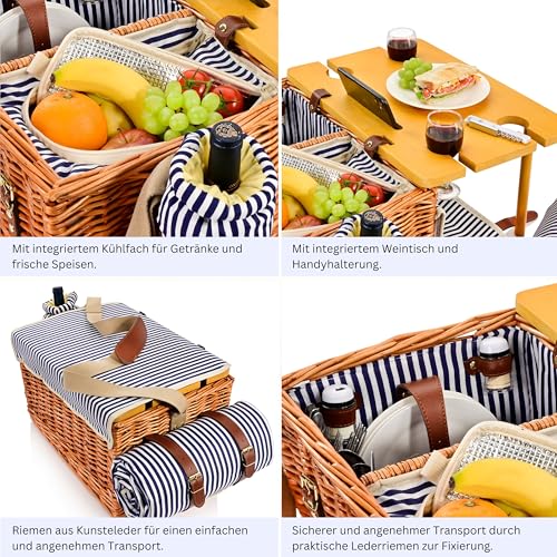 SÄNGER | Picknickkorb Borkum, 25-teiliges Set für 4 Personen, Großer Picknickkorb mit integriertem Tisch, Kühltasche, Picknickdecke & Geschirr, Komplett-Set