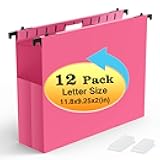 Extra Capacity Plastic Hanging File Folders,12 Pack Reinforced Expanding Hang Folder Letter Size,Accordian Pocket,Heavy Duty 2 Inch Expansion, Hard Hanging Folder Organizer for Office Home,Pink