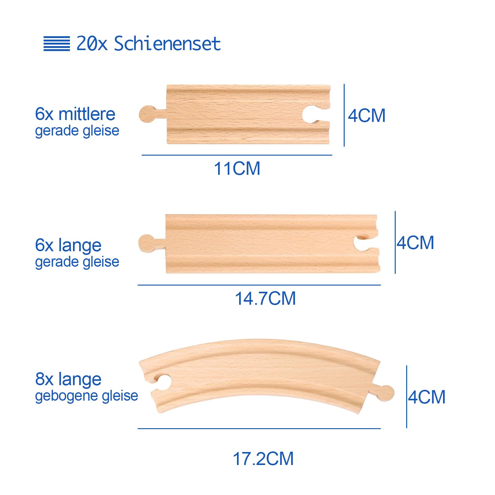 Set di 20 binari per ferrovie, rotaie dritte e curve formano una ferrovia rotonda in legno, per bambini dai 3 anni in su (20 pezzi)