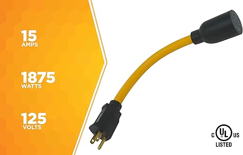 Miniatura 10 de Coleman Cable - Adaptador de cable de generador de 5-15P a L5-20R 9 pulgadas calibre 123 color amarillo