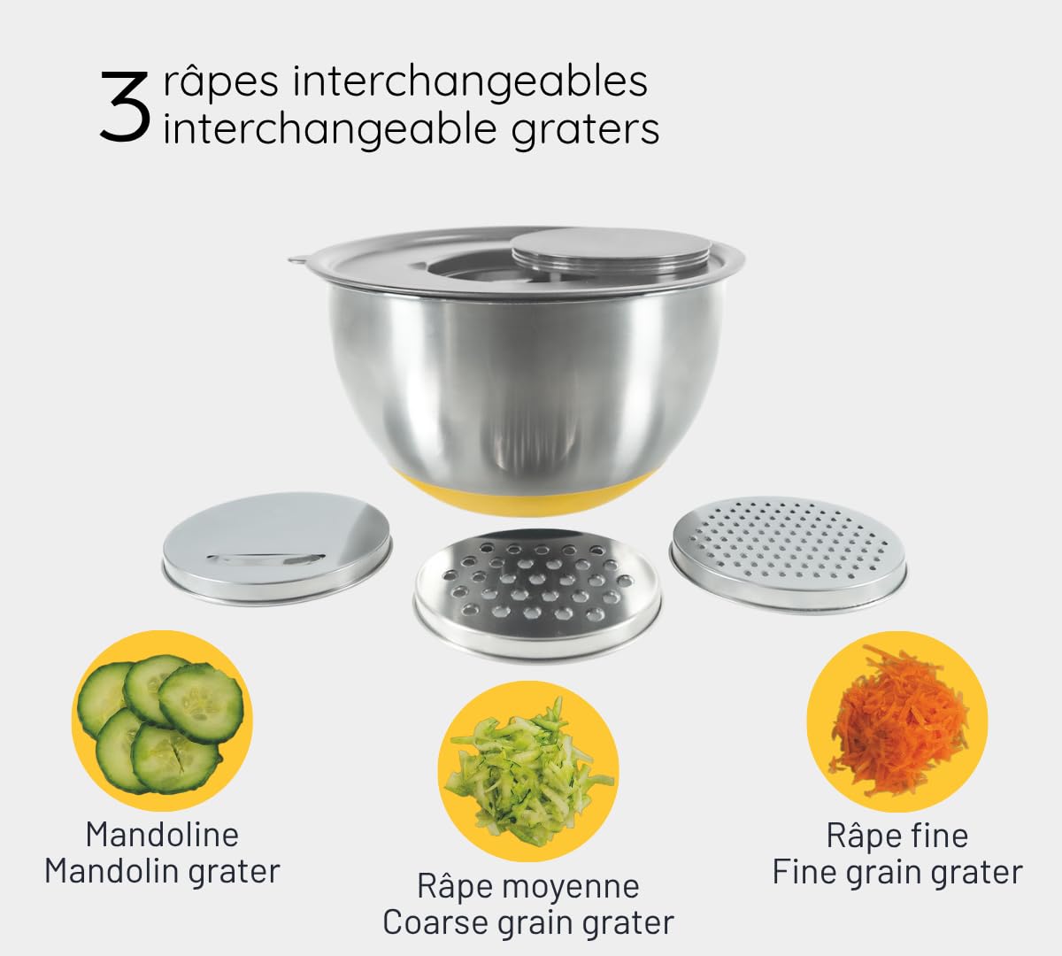 PIKA Set di 3 ciotole in acciaio inox con coperchi in vetro + 3 grattugie integrate | Culo di gallina inox 4 in 1 | Impilabili | Ideale per pasti, pic-nic, preparazione
