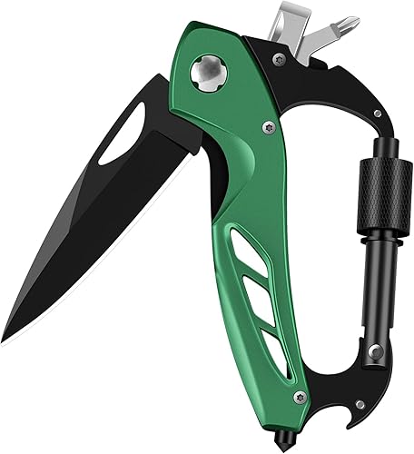 Miniatura 8 de Mosquetón multiherramienta con navaja de bolsillo, equipo de supervivencia para camping, senderismo, mosquetones EDC con cuchillos plegables,