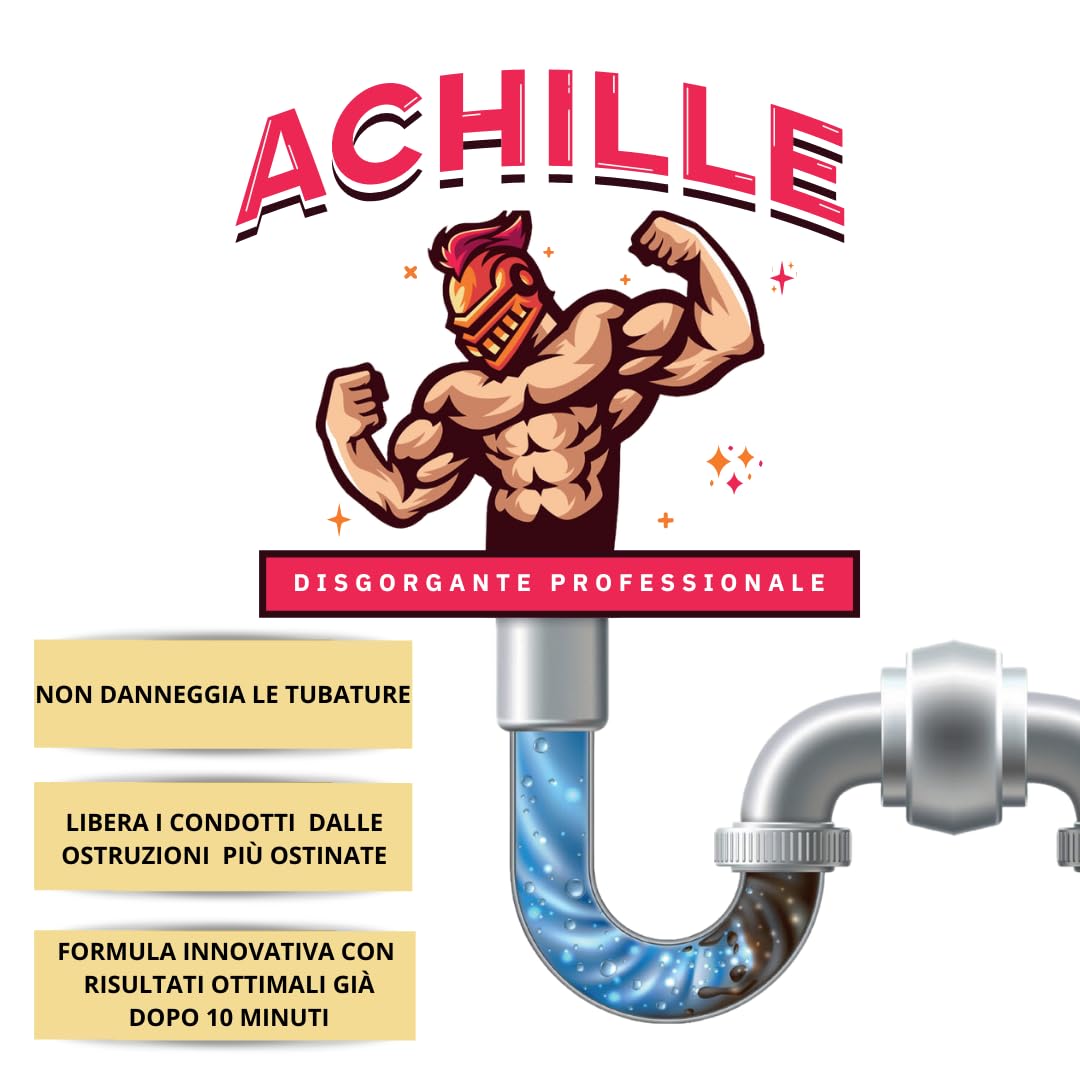 ACHILLE Disgorgante Disotturante Liquido Professionale Per Tubi e Scarichi WC Bagno, Cucina, Doccia e Vasca, Non danneggia le Tubature. NA92 ML 1000ML (Confezione da 12 PZ)