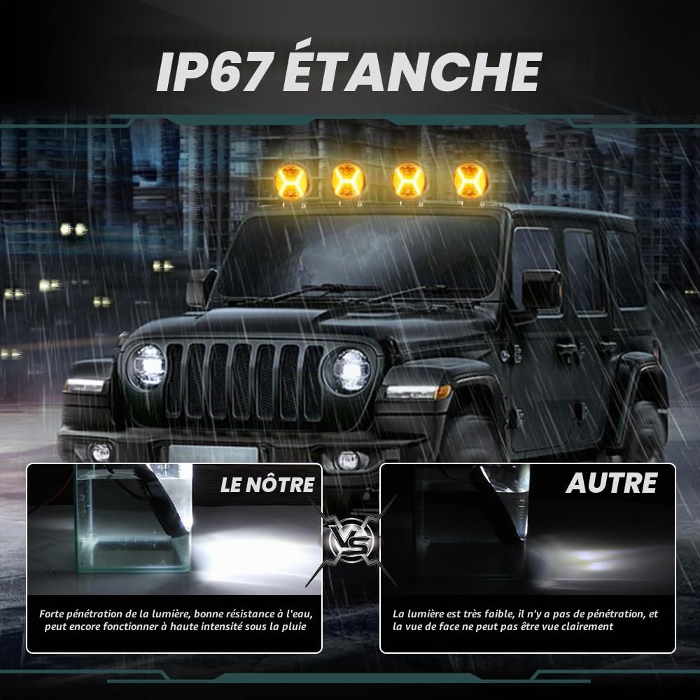 Lampe de Travail LED Hors Route 72W avec DRL Antibrouillard D'alarme Stroboscopique Ambre 4,5" Off Road Spot Flood Combo Lumière Conduite Phare 12-36V LED pour Moto Bateau Camion-2PCS