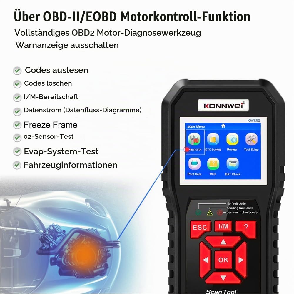 KONNWEI KW850 OBD2 Diagnosegerät, OBDII/EOBD Diagnose Fehlerspeicher Auslesen, mit Vollständigen OBD2 Funktionen, Universal Fehlercode Auslesegerät,Kompatibel mit Allen Fahrzeugen nach 2002 (Schwarz)