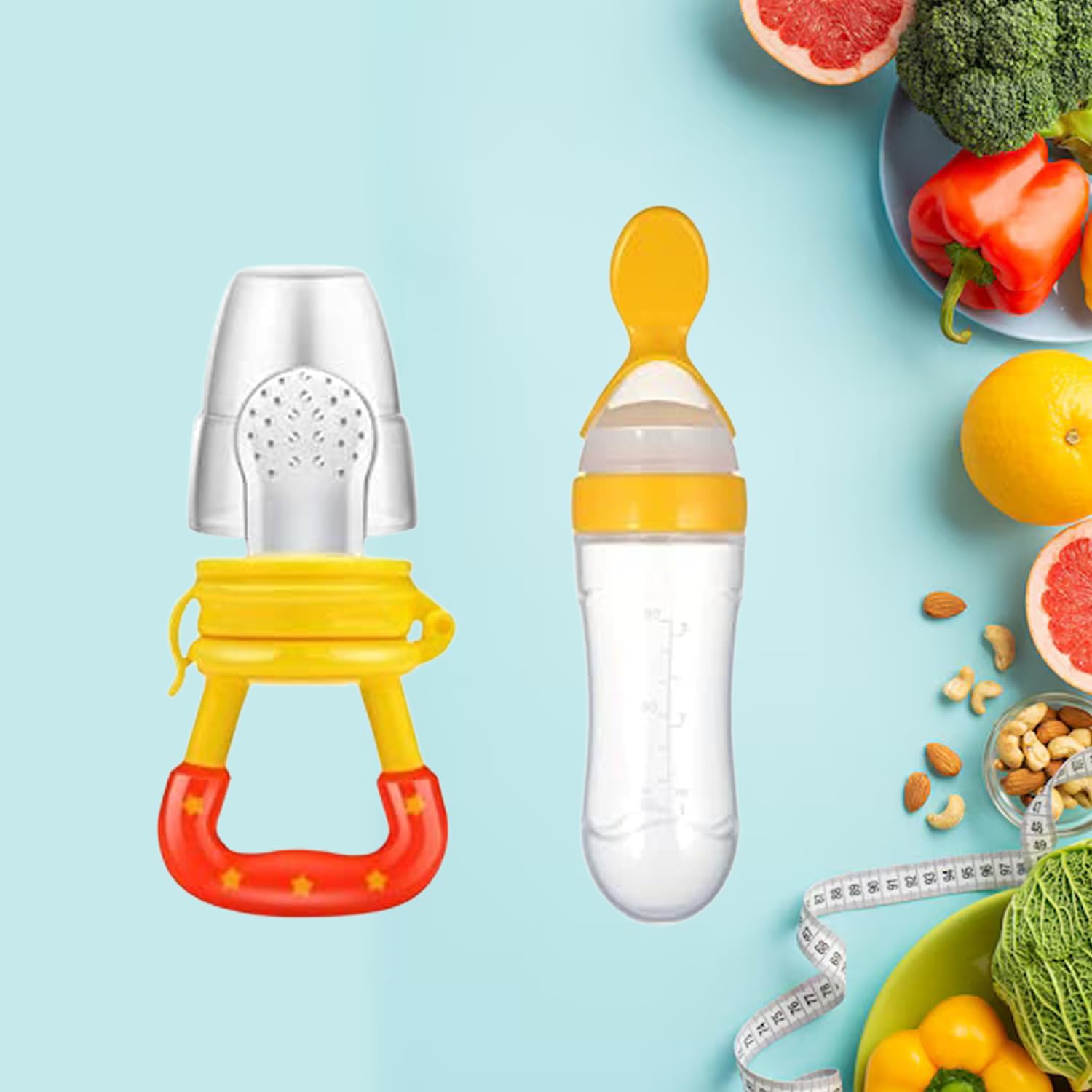 Safe-O-Kid Baby Fruit Nibbler & Finger Brush/Squeezy Food Feeder Spoon – 100% Pure Silicone, BPA-Free, Odor-Free, Safe Teether & Feeder – Durable, Easy Self-Feeding Tool for Infants & Toddlers (Assorted)-image-2