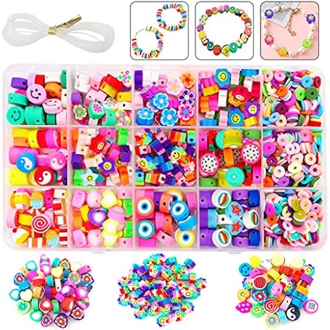 990pcs Beads for Jewelry Making-Bracelet Making Kit-Fruit Smiley Polymer Clay Beads with 12 Different Smiley Face Beads, Suitable for Children'S DIY Jewelry Making with a 4m Crystal Elastic Cord Cover