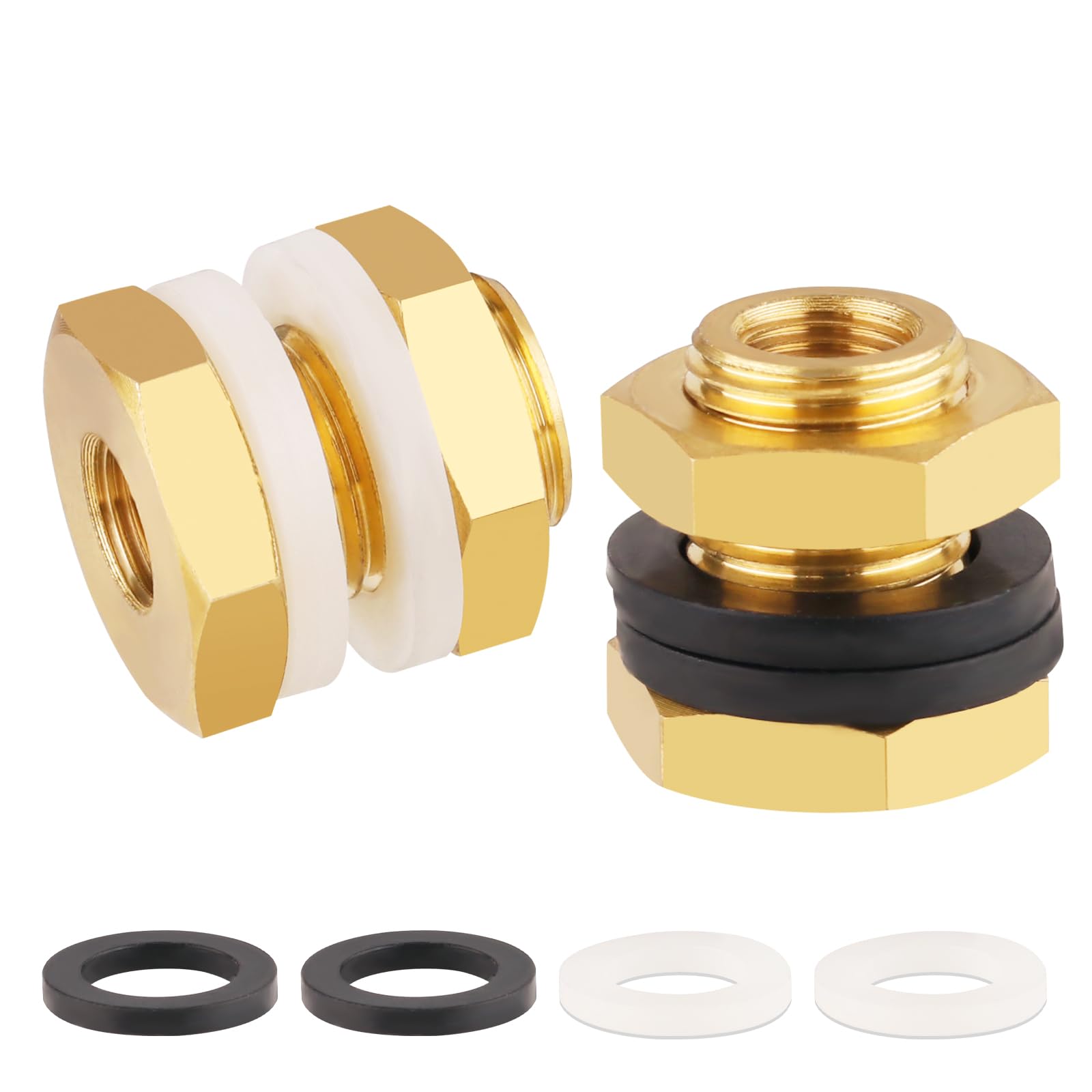 KOOTNAS 2-Pack Solid Brass Bulkhead Fittings, 1/8 NPT Taper Female 5/8" Straight Male Thread Brass Water Tank Connector with 4 Rubber Rings and