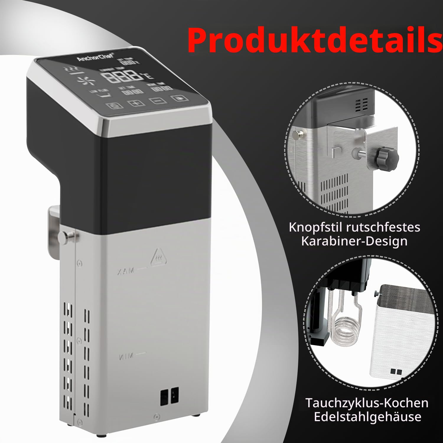 Sous Vide Maschine 1600W, IPX7 Wasserdicht, Kommerzieller Präzisionskocher, Schnelles Erhitzen, Timer, Genaue Temperaturkontrolle, Niedrigtemperaturgaren, Edelstahl, Leise, Platzsparend